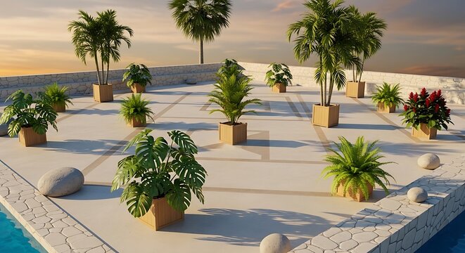Elevated landscaped terrace with tropical plants and sunset skies backdrop