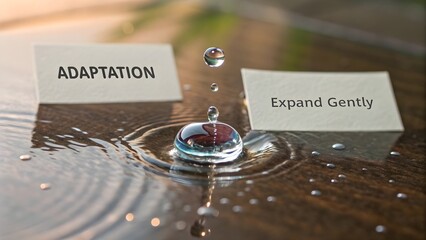 A water droplet spreading on a glass surface reflection closeup