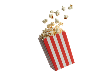 Classic red and white striped popcorn box overflowing with popcorn exploding upwards against a black background