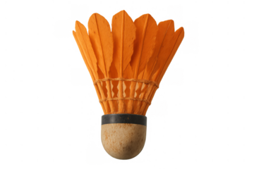 Orange badminton shuttlecock with feathers and cork base, isolated on transparent background, symbolizing sport and recreation
