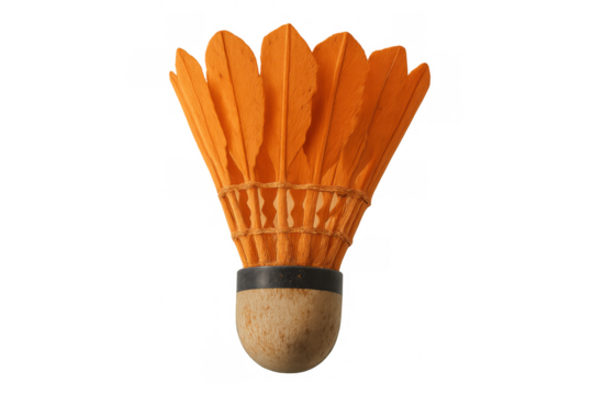 Orange badminton shuttlecock with feathers and cork base, isolated on transparent background, symbolizing sport and recreation