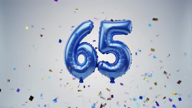 Blue balloon number 65 for birthday or anniversary party. White background with falling confetti