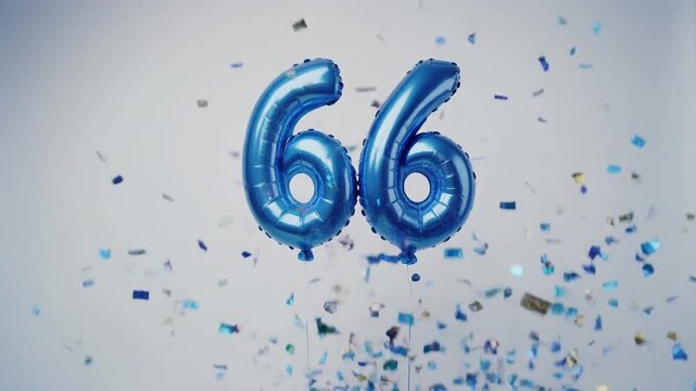 Blue balloon number 66 for birthday or anniversary party. White background with falling confetti