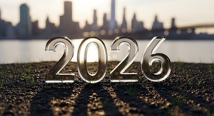 Silver year two thousand twenty six on ground with city skyline and water in the background at sunset
