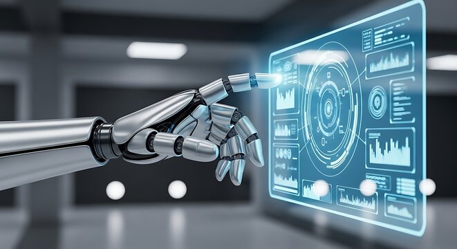 Robotic Hand Interacting with Futuristic Digital Interface in Modern Technology Environment - Powered by Adobe