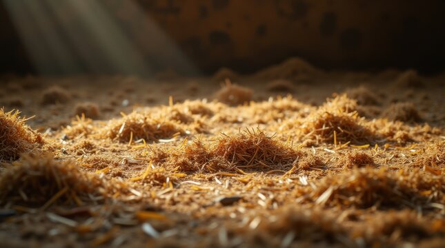 Dirty straw scattered in cow barn sunlight, mud stains visible, rustic atmosphere.
