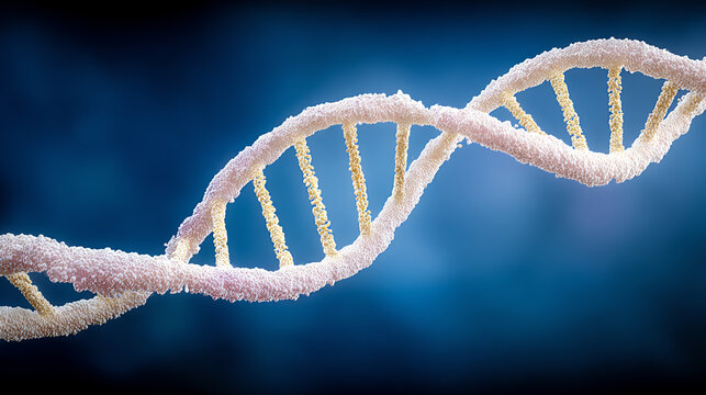 Detailed illustration of a DNA double helix structure, showcasing its intricate design and molecular components against a blue backdrop. - Powered by Adobe