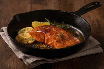 Fototapeta premium Seared salmon rests in cast iron skillet, glowing in soft evening light