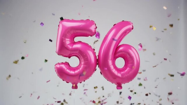 Pink balloon number 56 for birthday or anniversary party. White background with falling confetti