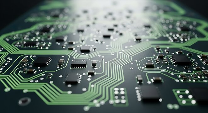 Close Up of Green Circuit Board with Microchips and Electronic Components