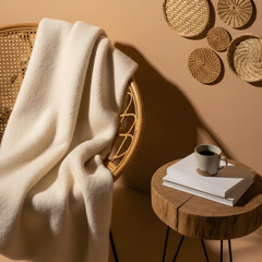 Cozy armchair with blanket and books