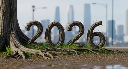 The year two thousand twenty six formed from tree branches in an urban setting with green grass around