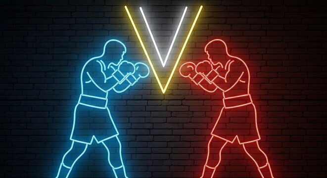 Blue and red neon boxers face off before a yellow and white V shape