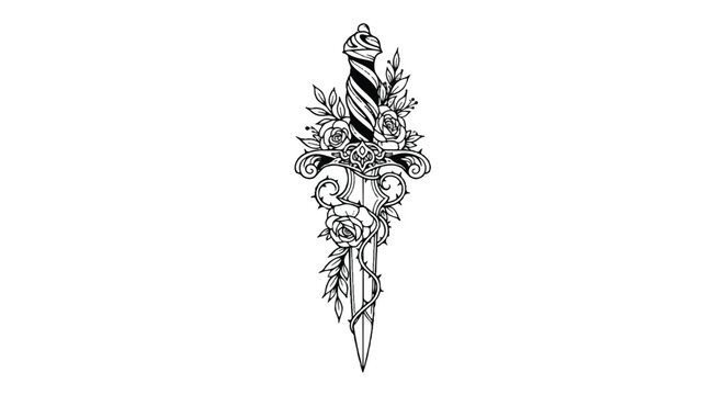 Stylized dagger vector illustration featuring intricate floral ornament in a bold black work tattoo aesthetic, isolated cleanly on a pure white background.