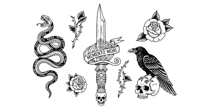 Vintage knife flat vector illustration rendered in a detailed black work tattoo engraving style, featuring intricate handle patterns isolated on a stark white background.