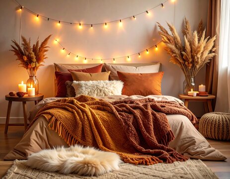 Warme Boho-Atmosph&auml;re im Schlafzimmer &ndash; Herbstliche Farben und Kuschelkomfort