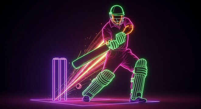 Focused cricket batsman strikes with neon bat, creating vibrant light trails on a dark background