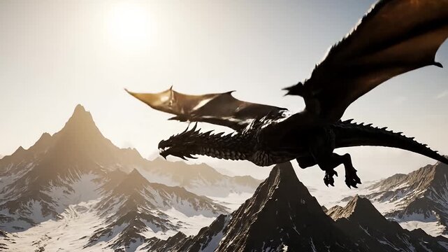 Majesty in Flight A Cinematic Wyvern Soaring Over Mountain Peaks
