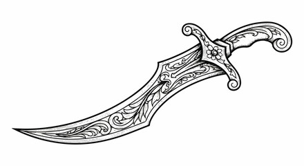 Stylized curved blade illustration in black work engraving tattoo style, rendered as a sharp, flat 2D vector graphic isolated on a clean white background.