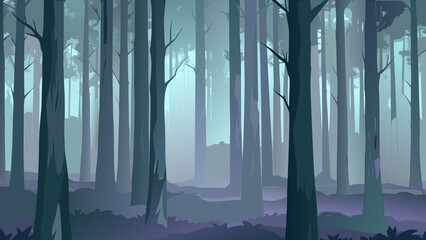Ethereal forest scene with tall trees and misty atmosphere in cool blue and purple tones