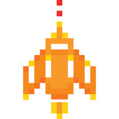 Pixel Art Spaceship Flying Upwards With Red Trail Against White Background Retro Arcade Game Style Orange Yellow Spaceship With Jet Propulsion