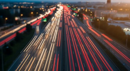 Long Exposure Night Highway Traffic Light Trails in Urban Setting