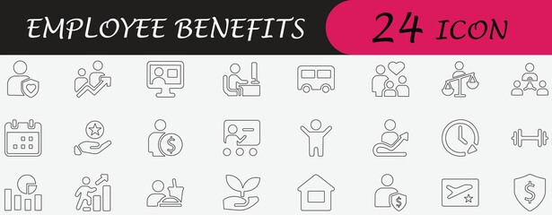 Employee Benefits Line Icon Set. Containing HR, compensation, wellness, salary, growth, and insurance symbols. Editable vector icon for business app UI/UX and management.
