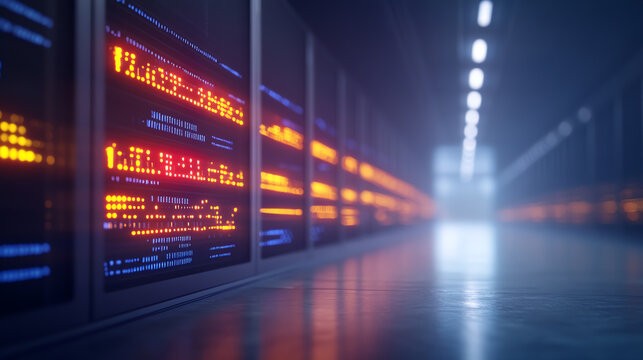 Futuristic data center featuring illuminated server racks and digital displays, showcasing advanced computing power and efficiency.