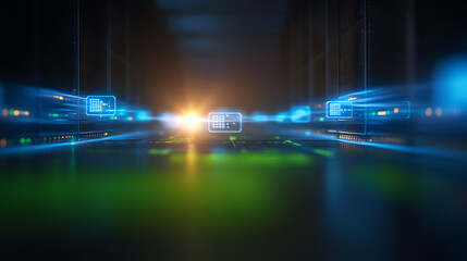 Futuristic data center with glowing blue lights and digital interfaces, representing advanced technological infrastructure.