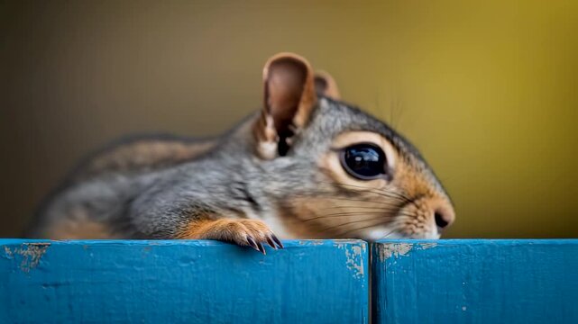 Curious chipmunk peeking over bright blue wooden fence with big eyes and cute face