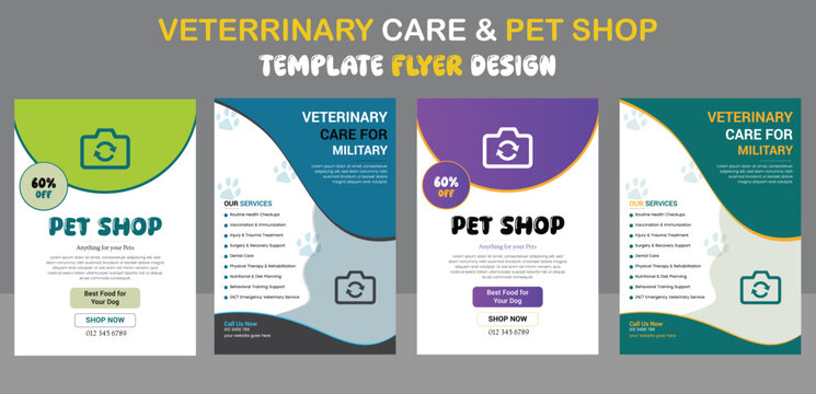 veterinary care for military flyer template design.Pet care center flyer design template or pet adoption poster design. Professional Pet Clinic Flyer Vet and Animal Care Animal Rescue and Charity Flye