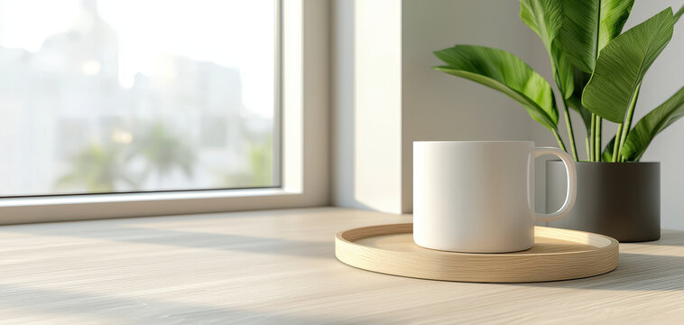 Calm morning light white ceramic mug wooden tray window sill green houseplant minimalist decor cozy bedroom natural sunlight soft shadow neutral color palette bring serene comfort and quiet focus