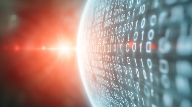 Futuristic digital landscape with binary code and glowing orbs, symbolizing data flow and technological advancement.