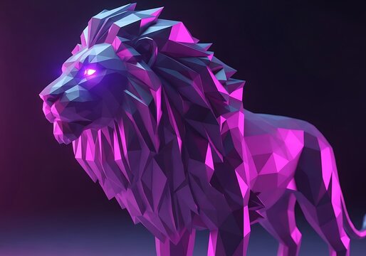 Vibrant Low-Poly Lion Rendered in Cyberpunk Style with Neon Lighting - Powered by Adobe