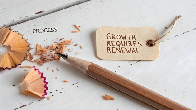 Pencil sharpening its lead beside shavings and Growth Requires Renewal tag - Powered by Adobe
