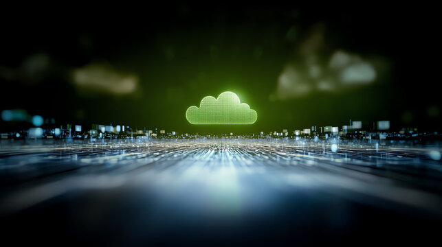 Futuristic digital landscape featuring a glowing cloud symbolizing cloud computing and data transmission.