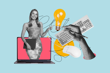 Banner 3d art pop image collage of happy businesswoman freelancer hold laptop hand draw pencil light bulb idea keypad mouse