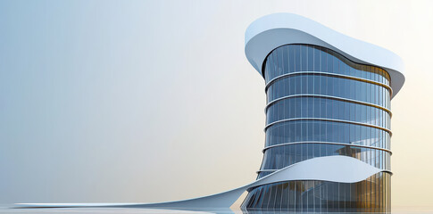 Futuristic white and glass tower with flowing curves and minimal design. Modern architectural innovation representing elegance, progress, and creativity.