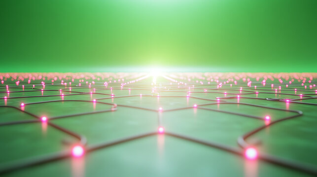 Futuristic digital landscape with glowing nodes and a vibrant green background, representing advanced technology and innovation.