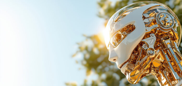 Futuristic robot humanoid head chrome metal golden detail cybernetic profile outdoor light bokeh background clean design sci fi concept innovation vision. Futuristic robot with golden detail gazes