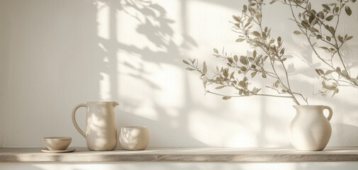 Minimalist kitchen decor ceramic jug clay cup neutral palette soft light morning shadow dry branch wooden shelf rustic pottery Scandinavian style with calm warmth and serenity