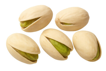 Pistachio nuts with green kernels breaking out of light shells, nutritious snack or ingredient on transparent background