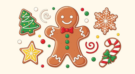 A cheerful collection of festive christmas gingerbread cookies including a gingerbread man tree star snowflake and candy cane