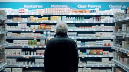 A man with white hair and a black jacket stands in a pharmacy aisle, his back to the camera, looking at the shelves filled with various products.