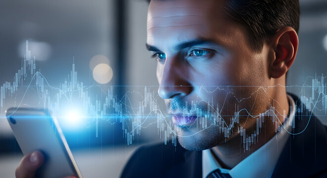 Engaged businessman analyzing complex stock market trends on his smartphone with futuristic interface a focused investor making data-driven decisions in the modern financial world and tracking