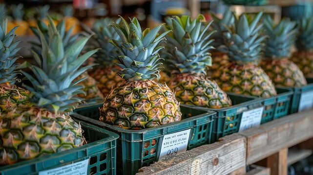 Fresh pineapples in crates ready for sale at the market.