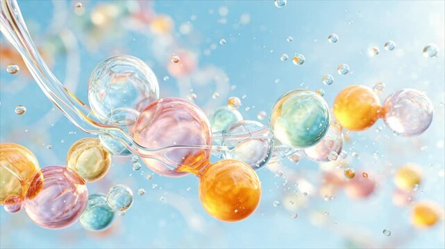 3D render of hyaluronic acid molecule surrounded by water droplets representing deep hydration for skin and joints