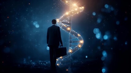 A man in a suit stands against a cosmic backdrop, holding a briefcase. The scene is illuminated by a radiant light source, casting a warm glow on the man and the surrounding space.