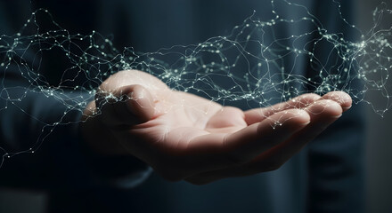 Illuminated network concept on palm conveys innovative connection technology and human interaction showcasing digital innovation with abstract light points in hand representing future technological