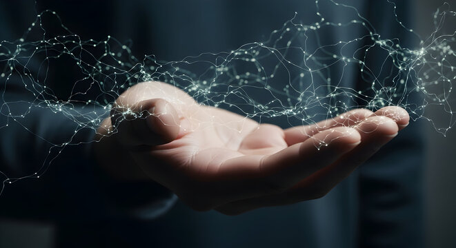 Illuminated network concept on palm conveys innovative connection technology and human interaction showcasing digital innovation with abstract light points in hand representing future technological